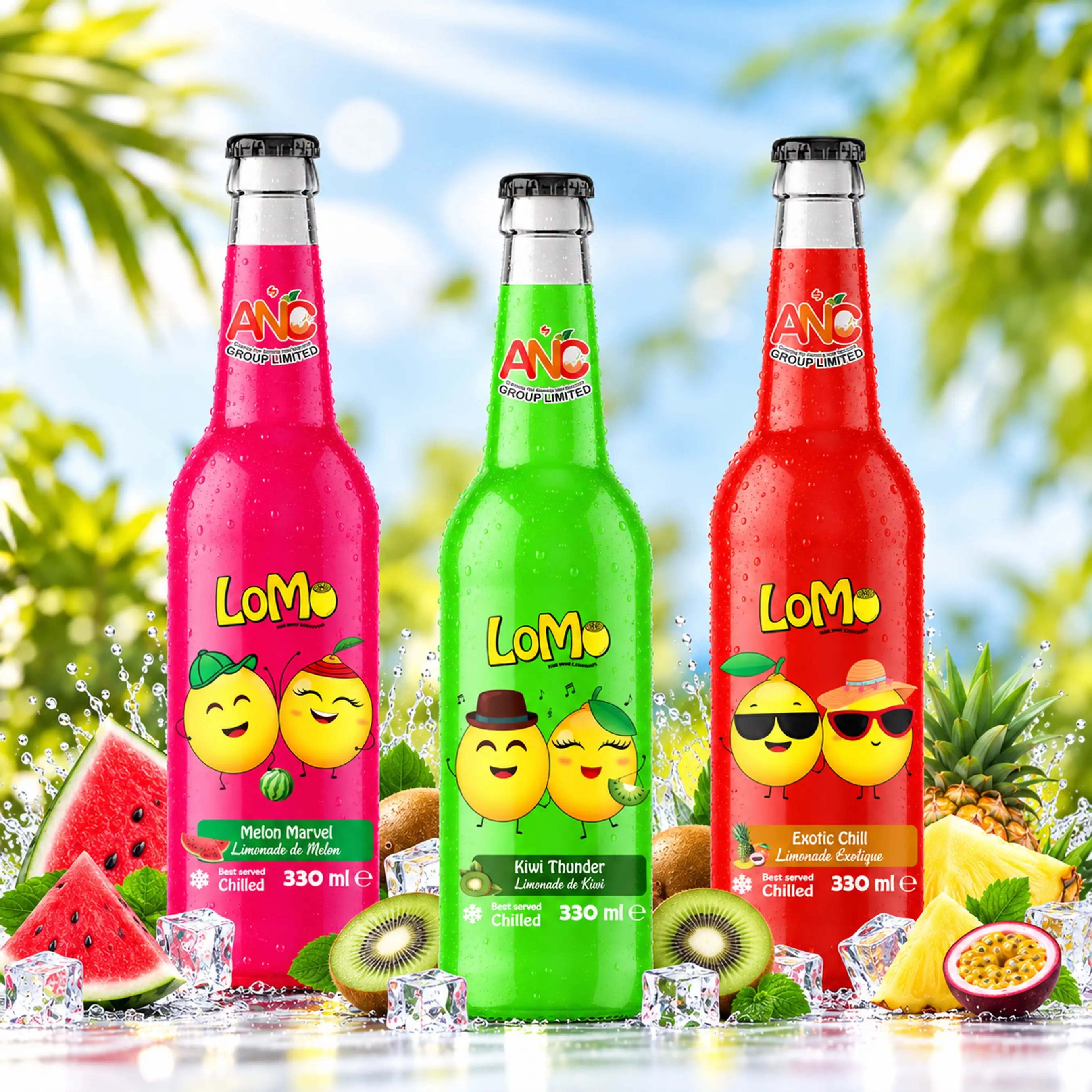 LoMo 330 mL glass bottles featuring Strawberry Passion, Melon Marvel, Kiwi Thunder, Exotic Chill and Berry Tornado flavours with fresh fruit and ice.